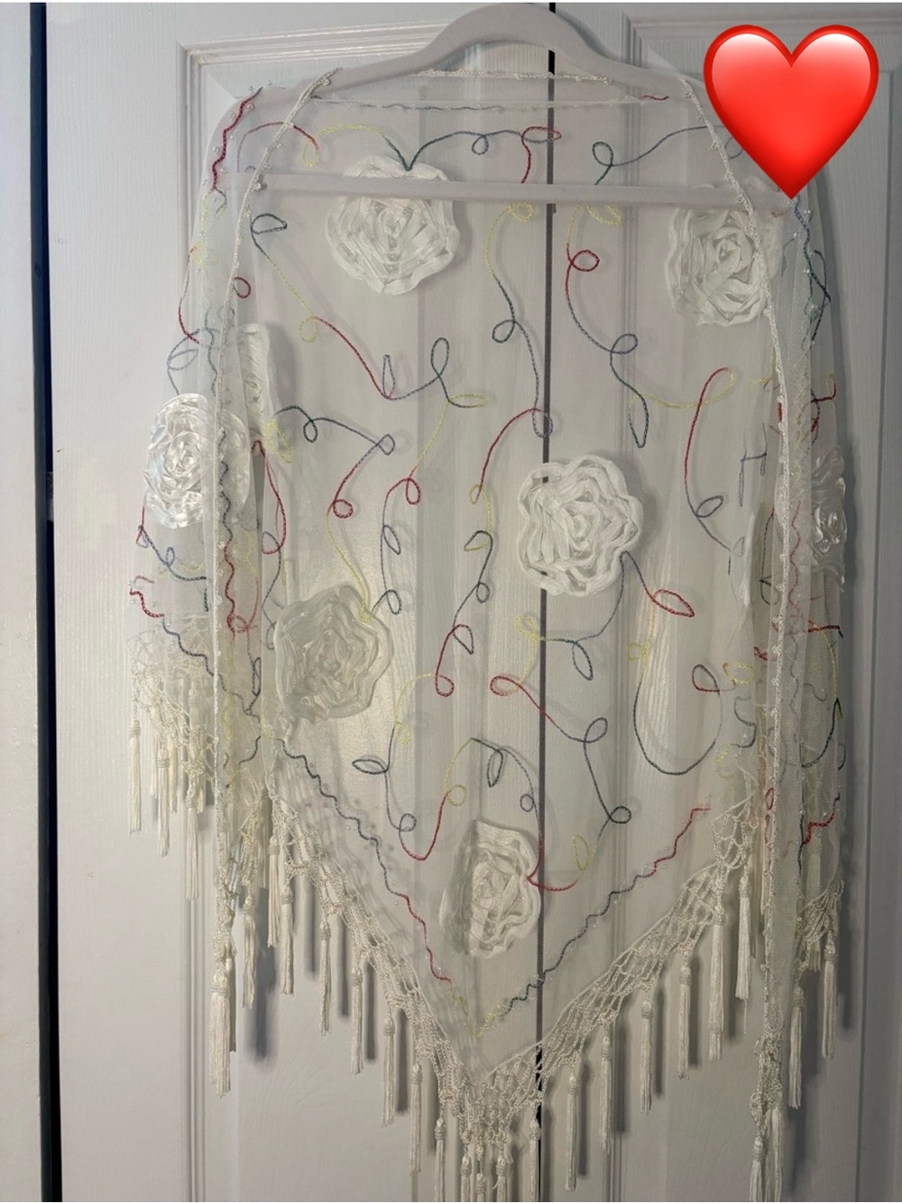 Sheer Wrap Shawl Handmade Embroidered Floral Fringe